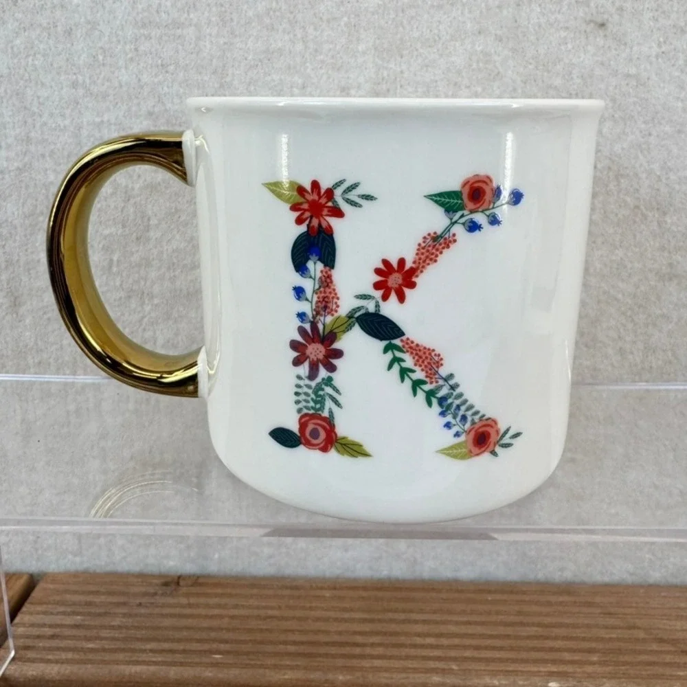 Opalhouse Floral Monogram K Porcelain Coffee Mug Gold Handle White 3.75in - Picture 4 of 7